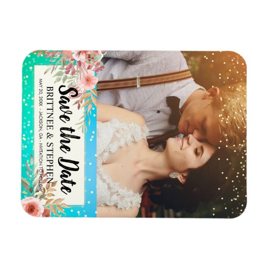 Weddenschap Save The Date Photo Floral Blauwgroen  Magneet (Horizontaal)