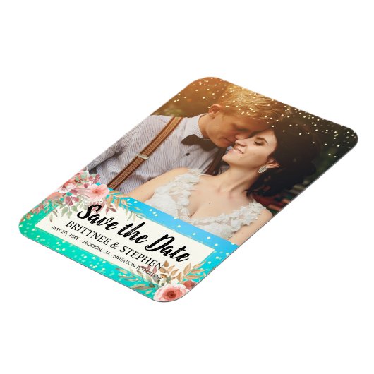 Weddenschap Save The Date Photo Floral Blauwgroen  Magneet (Linkerzijde)