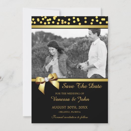 Weddenschap Save the Date Photo Gold Confetti Blac (Voorkant)