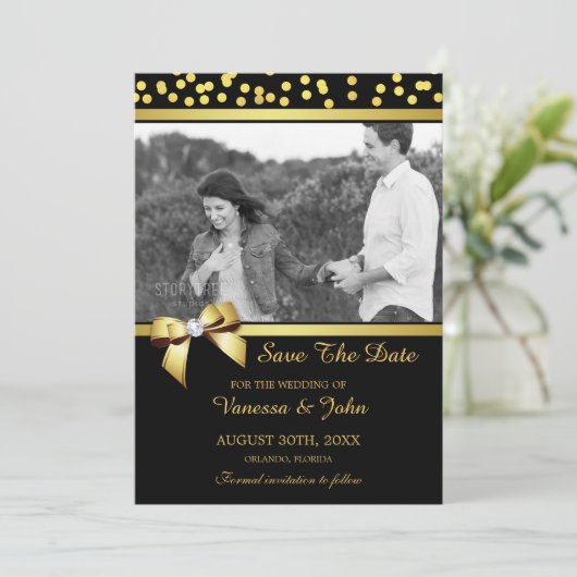 Weddenschap Save the Date Photo Gold Confetti Blac (Staand voorkant)