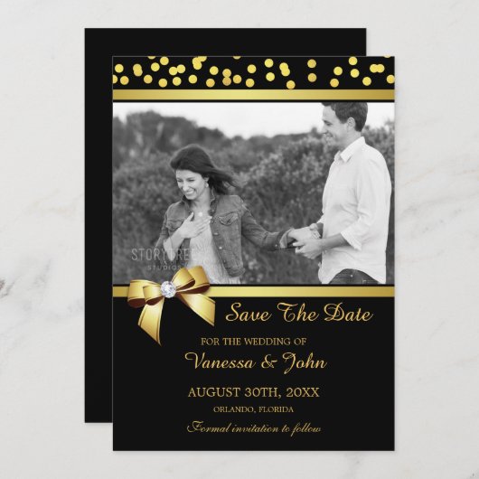 Weddenschap Save the Date Photo Gold Confetti Blac (Voorkant / Achterkant)