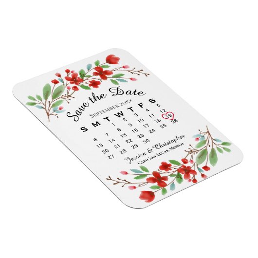 Weddenschap Save the Date Red Blossom Calendar Magneet (Rechterzijde)