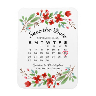 Weddenschap Save the Date Red Blossom Calendar Magneet
