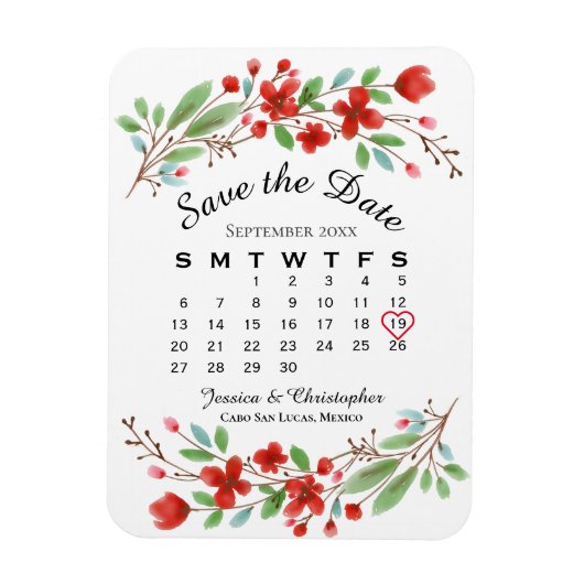 Weddenschap Save the Date Red Blossom Calendar Magneet (Verticaal)