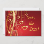 Weddenschap Save the Date Romantic Red Gold Hearts (Voorkant)