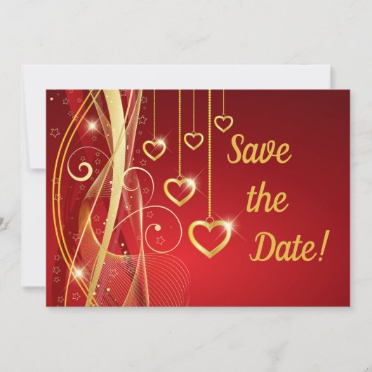 Weddenschap Save the Date Romantic Red Gold Hearts (Voorkant)