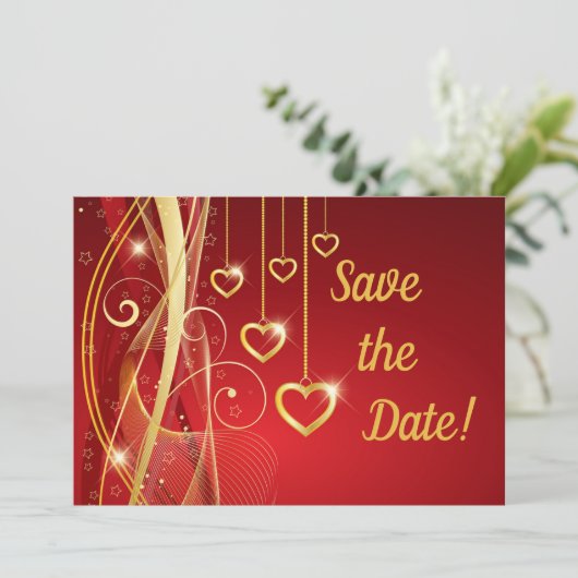 Weddenschap Save the Date Romantic Red Gold Hearts (Staand voorkant)