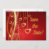 Weddenschap Save the Date Romantic Red Gold Hearts (Voorkant / Achterkant)