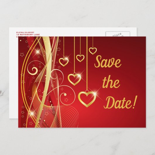 Weddenschap Save the Date Romantic Red Gold Hearts (Voorkant / Achterkant)