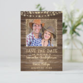 Weddenschap Save the Date Rustic Wood Lights Photo (Staand voorkant)