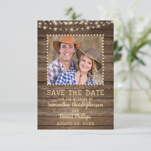 Weddenschap Save the Date Rustic Wood Lights Photo (Staand voorkant)