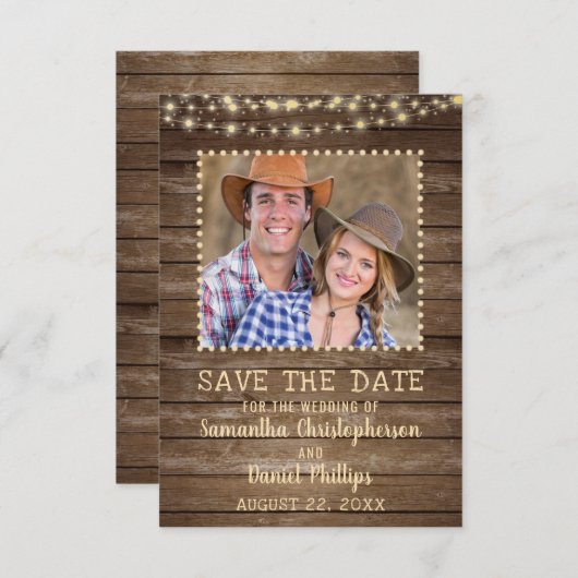 Weddenschap Save the Date Rustic Wood Lights Photo (Voorkant / Achterkant)