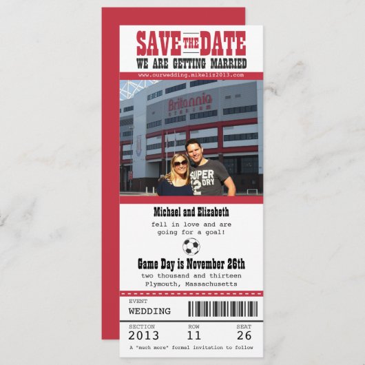 Weddenschap Save the Date Soccer Ticket (Voorkant / Achterkant)