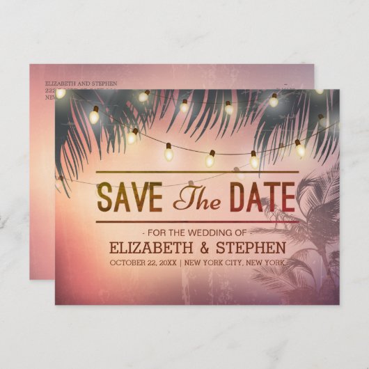 Weddenschap Save the Date Summer Beach Palm Light Aankondigingskaart (Voorkant / Achterkant)