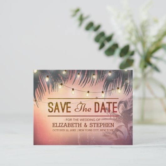 Weddenschap Save the Date Summer Beach Palm Light Aankondigingskaart (Staand voorkant)