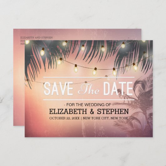 Weddenschap Save the Date Summer Beach Palm Light Aankondigingskaart (Voorkant / Achterkant)