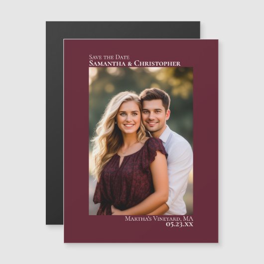 Weddenschap Save the Date Vertical Photo Burgundy Magnetische Uitnodiging (Voorkant / Achterkant)