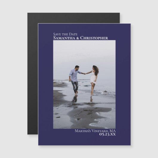 Weddenschap Save the Date Vertical Photo Navy Blue Magnetische Uitnodiging (Voorkant / Achterkant)