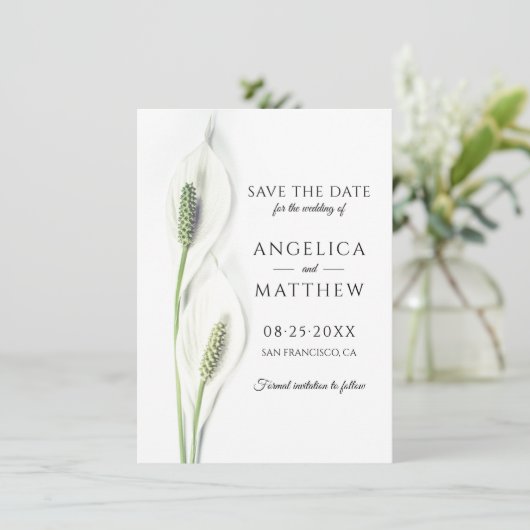Weddenschap Save the Date White Peace Calla Lily (Staand voorkant)