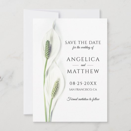 Weddenschap Save the Date White Peace Calla Lily (Voorkant)