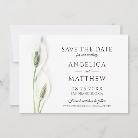 Weddenschap Save the Date White Peace Calla Lily (Voorkant)