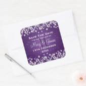 Weddenschap Save the Date Winter Sparkle Paars Vierkante Sticker (Envelop)