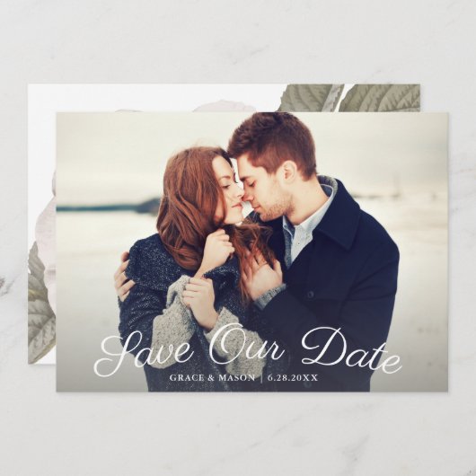 Weddenschap Save the Date with Photo, Botanical Ro (Voorkant / Achterkant)