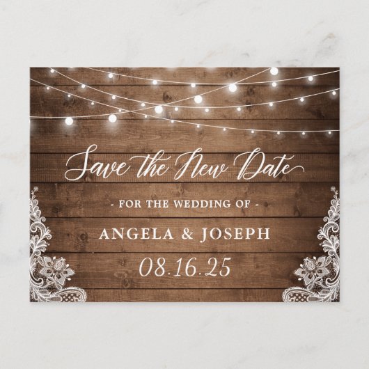 Weddenschap Save the New Date Rustic Twinkle Light Briefkaart (Voorkant)