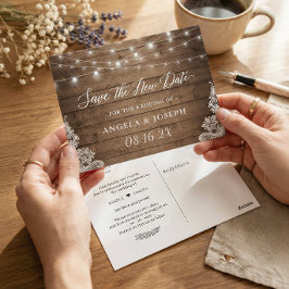 Weddenschap Save the New Date Rustic Twinkle Light Briefkaart