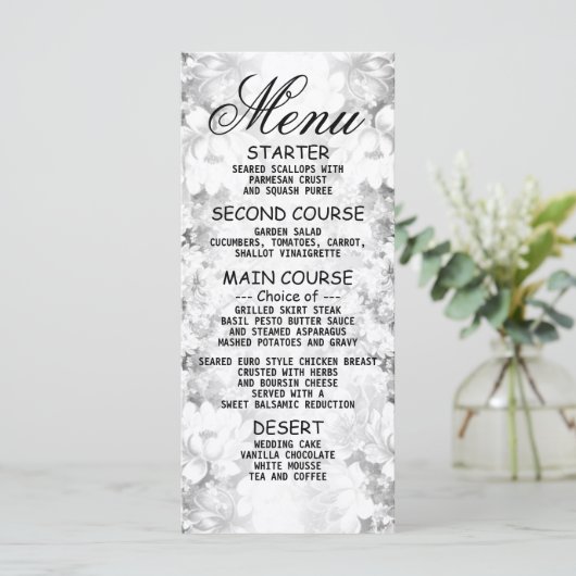 Weddenschap Silver Floral Elegant Dinner Menu (Staand voorkant)