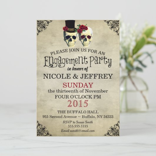 Weddenschap Skeleton Skull Engagement Party Uitnod Kaart (Staand voorkant)