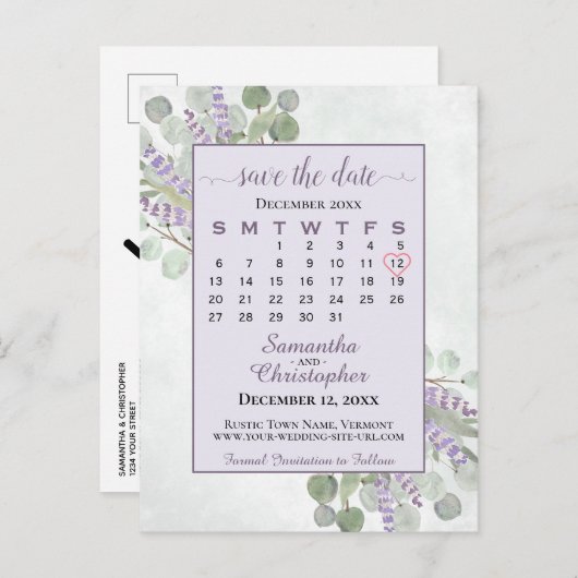 Weddenschap Sla de datum-kalender Eucalyptus Paars Aankondigingskaart (Voorkant / Achterkant)