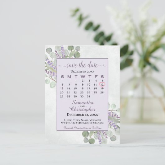 Weddenschap Sla de datum-kalender Eucalyptus Paars Aankondigingskaart (Staand voorkant)