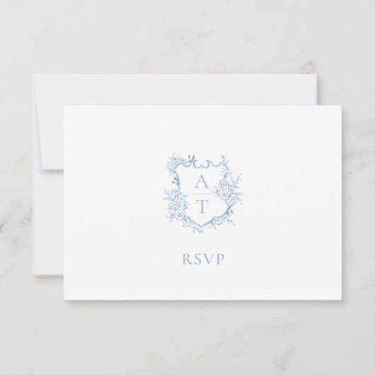 Weddenschap Stusty Blue Script Crest Monogram RSVP Kaart (Achterkant)