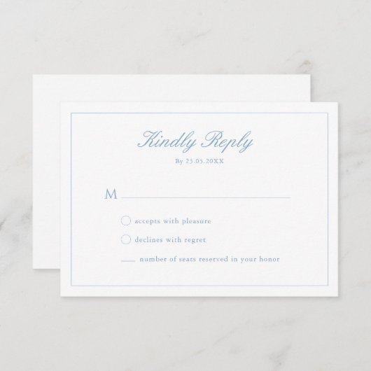 Weddenschap Stusty Blue Script Crest Monogram RSVP Kaart (Voorkant / Achterkant)