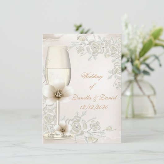 Weddenschap tussen Cream Sepia Champagne Glass Flo Kaart (Staand voorkant)