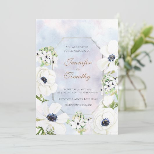 Weddenschap Uitnodiging Botanische witte anenbloem (Staand voorkant)