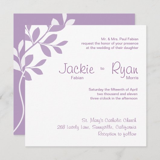 Weddenschap Uitnodiging Leaf Branch Paars (Voorkant / Achterkant)