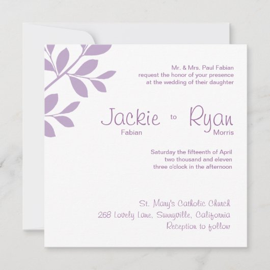 Weddenschap Uitnodiging Leaf Branch Paars (Voorkant)