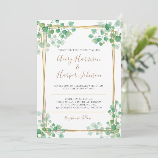 Weddenschap Uitnodiging met gouden grens (Staand voorkant)