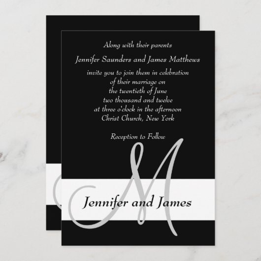 Weddenschap Uitnodiging Monogram zwart en wit (Voorkant / Achterkant)