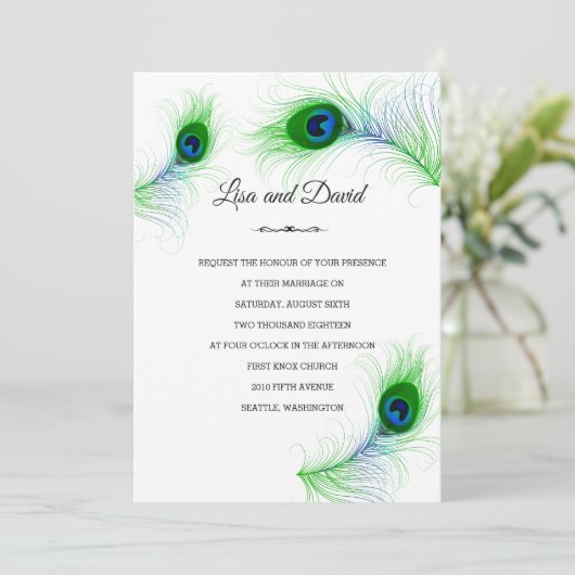 Weddenschap-uitnodiging-Peacock-veren Kaart (Staand voorkant)