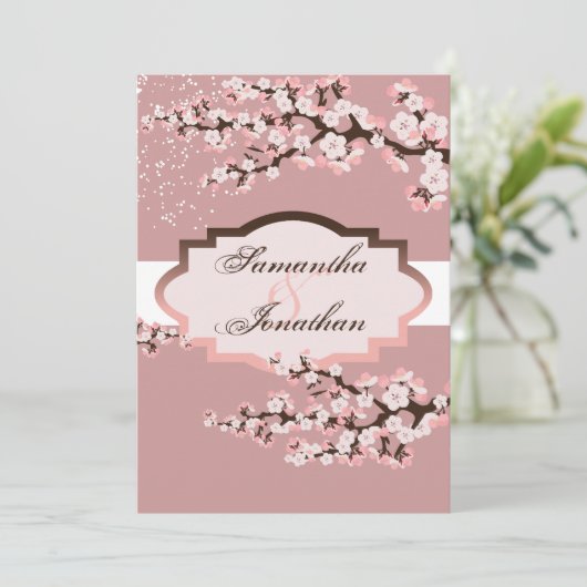 Weddenschap Uitnodiging Roos Roze Cherry Blossom (Staand voorkant)