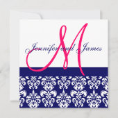 Weddenschap Uitnodiging Roze Monogram Navy Damask (Voorkant)
