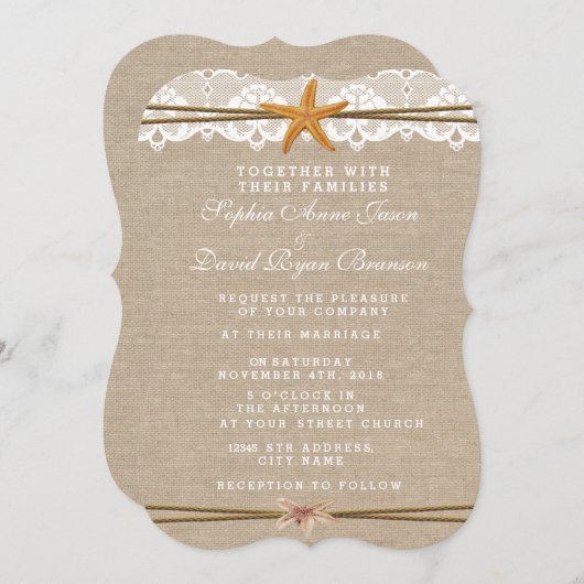 Weddenschap Uitnodiging Rustic Beach Starfish Lace (Voorkant / Achterkant)
