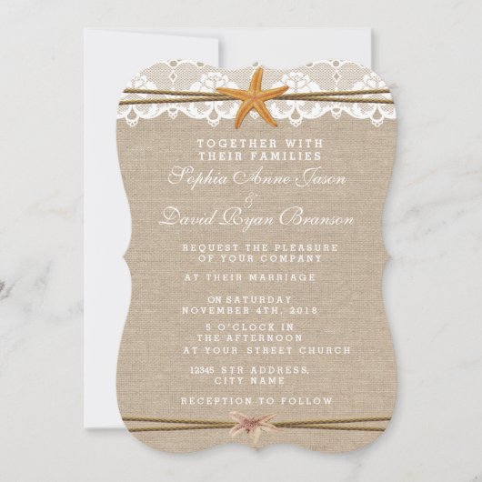Weddenschap Uitnodiging Rustic Beach Starfish Lace (Voorkant)