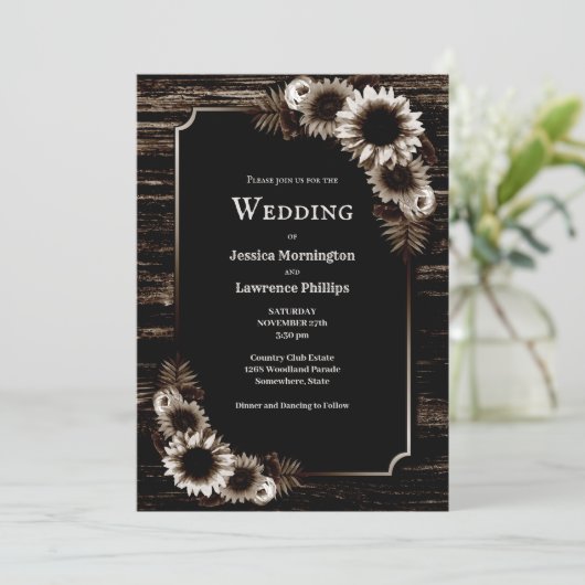 Weddenschap Uitnodiging Rustic Dark Wood Floral (Staand voorkant)