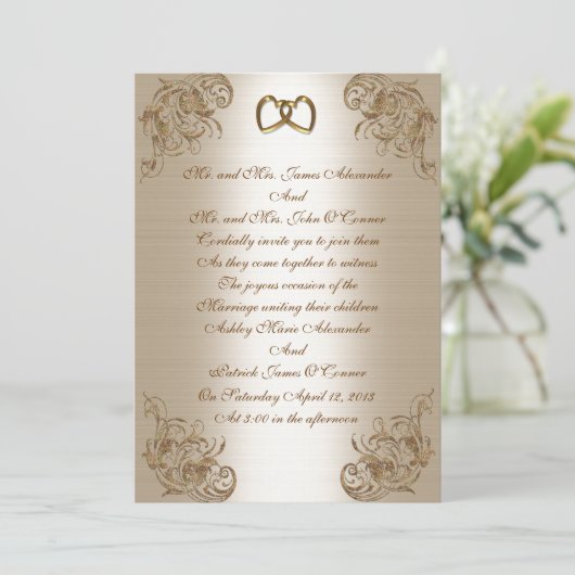 Weddenschap Uitnodiging satin-look gouden eleganti (Staand voorkant)