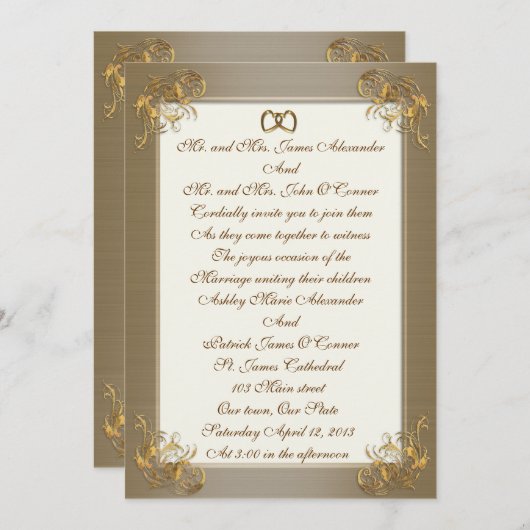 Weddenschap Uitnodiging satin-look gouden eleganti (Voorkant / Achterkant)