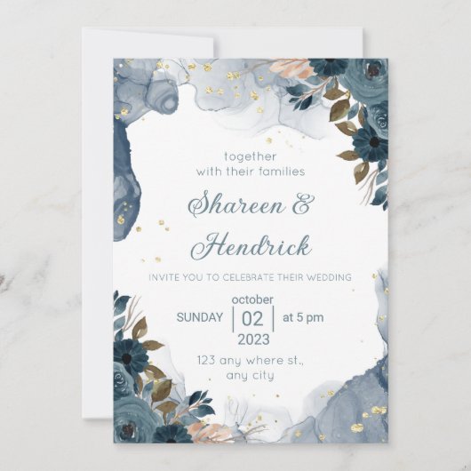 Weddenschap Uitnodigingsmarinealcohol Ink Floral B Kaart (Voorkant)